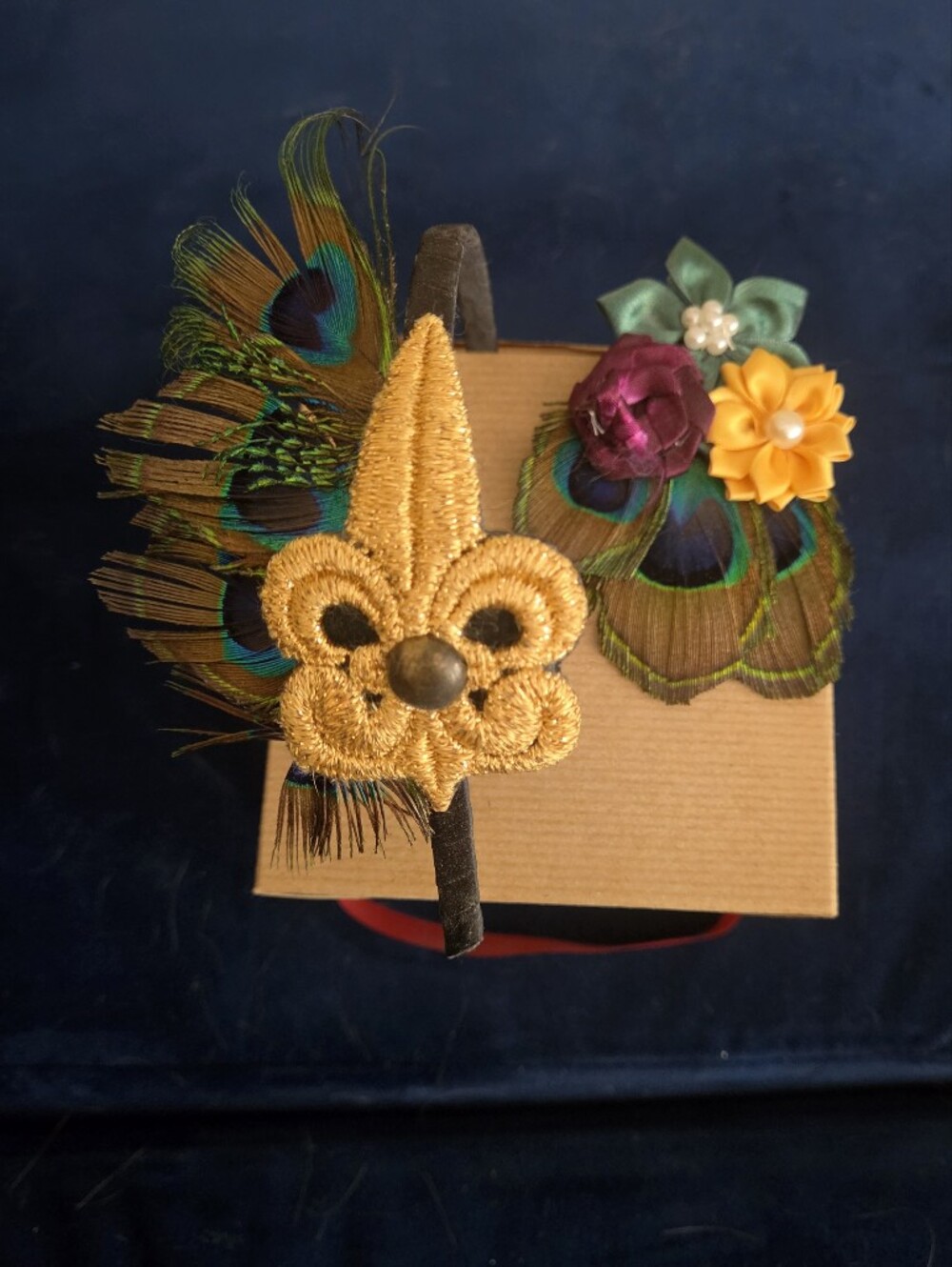 Gold Fleur-de-Lis Peacock Feather Headband And Matching Barrette